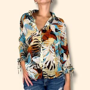 Women's Vintage Y2K Tropical Print Shimmer Button Down Ruffle Sleeves Medium